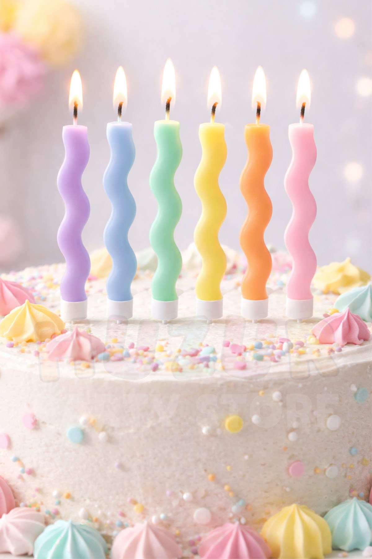 Kıvrımlı Makaron Renkli Mum 6 Adet 9 Cm Doğum Günü Pasta Mumu Dalgalı Pastel Soft Renk Parti Süsü