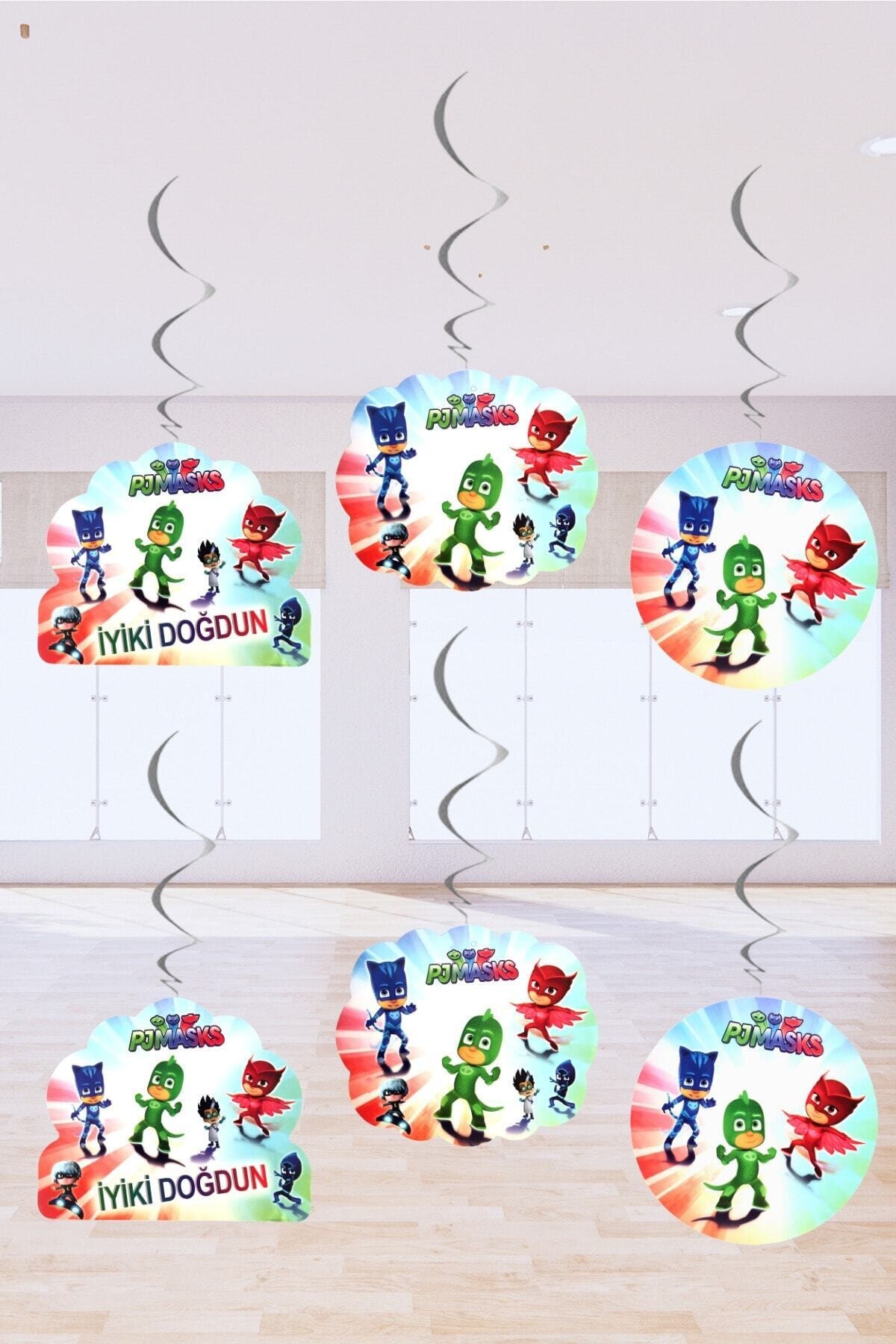 Pj Maskeliler Tema Konsepti Iyiki Doğdun Yazılı Pj Masks Çift Taraflı Sarkıt Tavan Süsü 6lı 70 cm