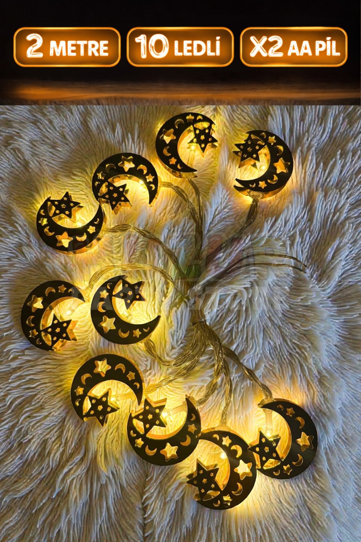 Ramazan Ay Yıldız Figürlü Metal Led Işık Süsü Gold 2 Metre 10 Ledli Günışığı Sarı Pilli Fonksiyonlu