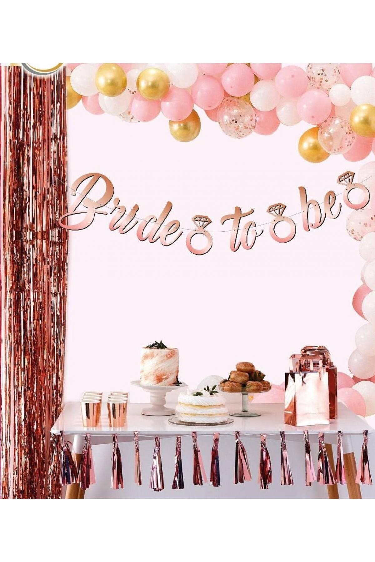 Rose Gold Renkli Bride To Be Kaligrafi Yazılı Yüzük Detaylı Bekarlığa Veda Partisi Konsept Banner