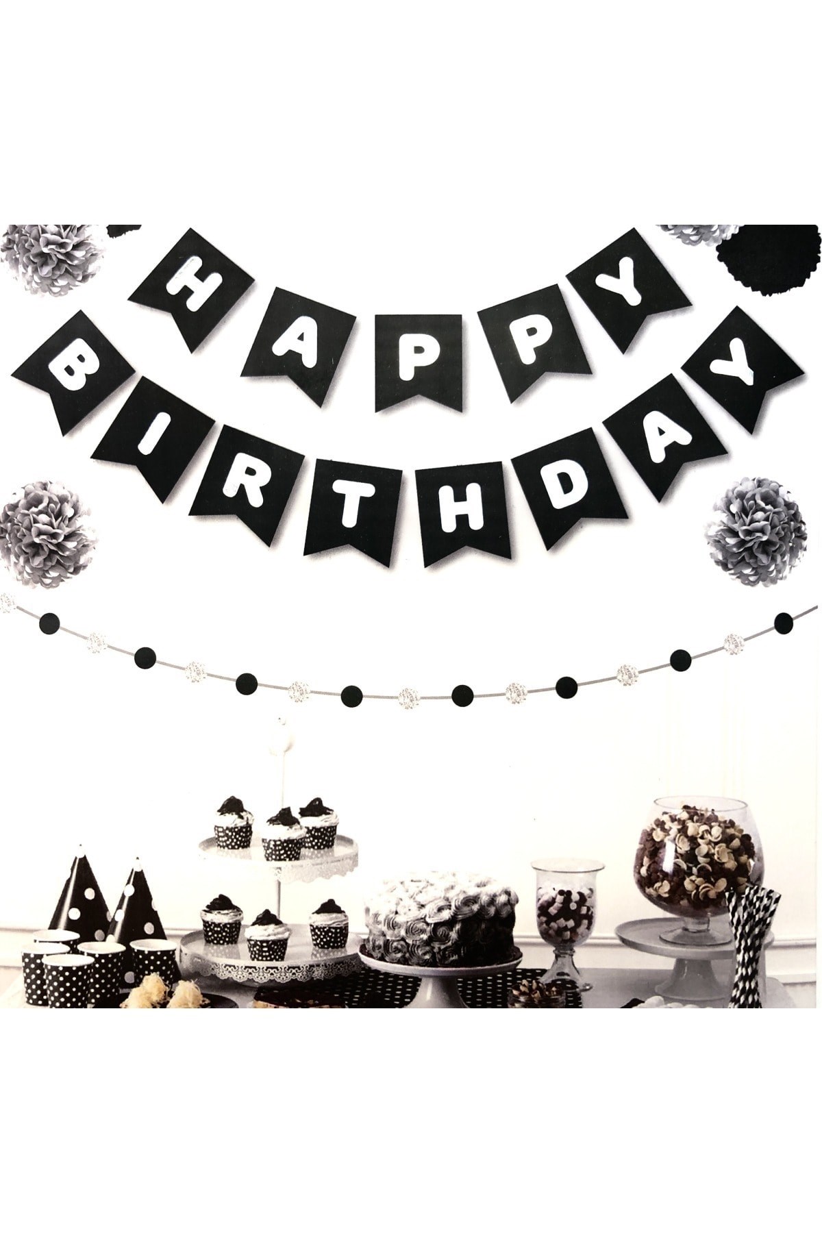 Siyah Üstüne Gümüş Gri Yaldızlı Happy Birthday Yazılı Doğum Günü Partisi Karton Ipli Yazı Banner