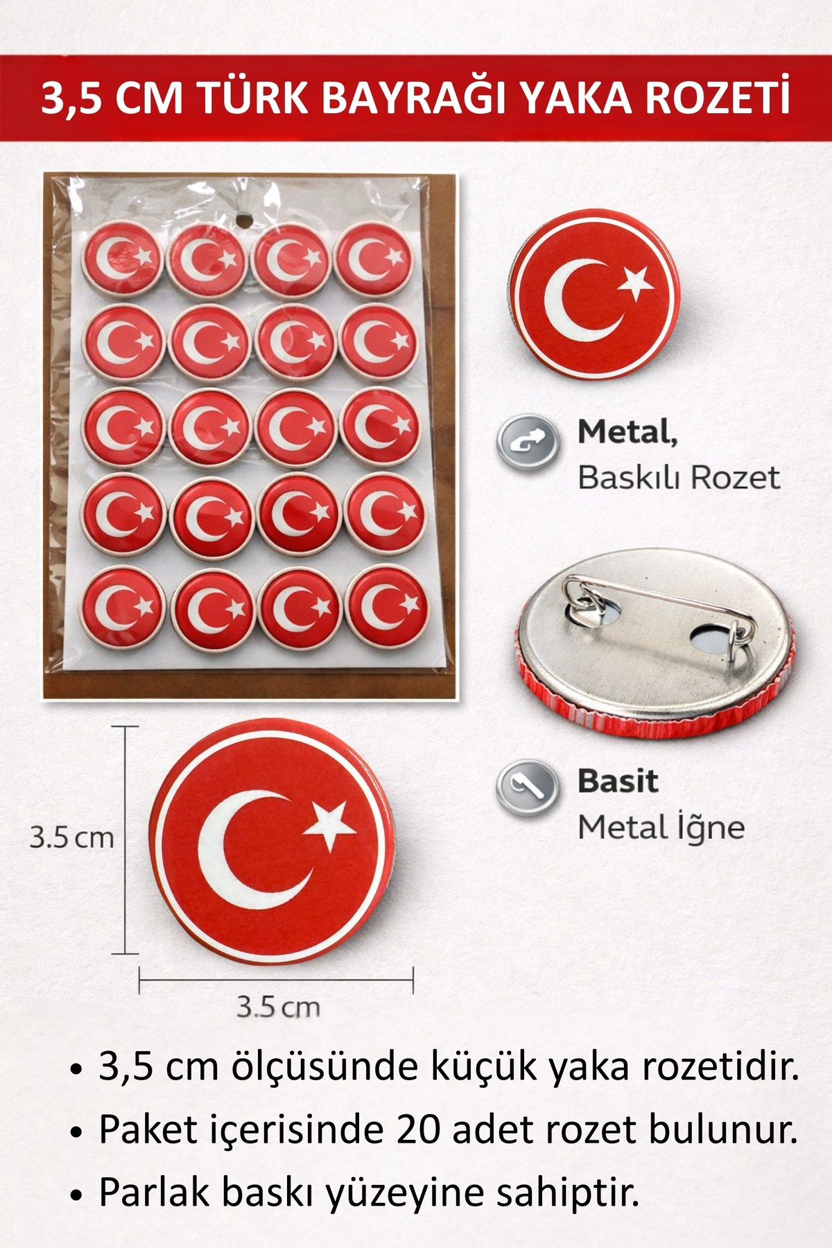 Türk Bayraklı 20li Metal Göğüs Yaka Rozeti 3.5x3.5 Cm Kancalı Iğneli 23 Nisan 29 Ekim Milli Bayram