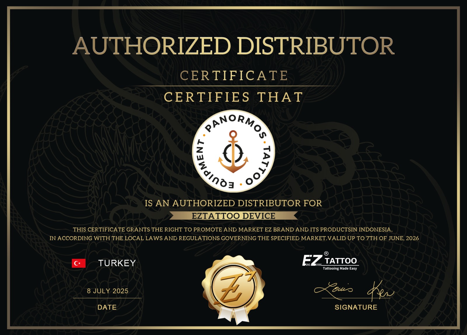 Ez Tattoo Distribütörlük Sertifikası