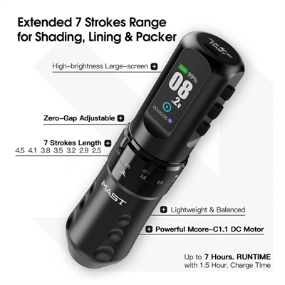 Mast Flip 4 Pro Kablosuz Dövme Makinesi Çift Batarya 2.5 mm - 4.5 mm Ayarlanabilir Stroke