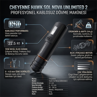 Cheyenne Hawk Sol Nova Unlimited 2 Kablosuz Dövme Makinesi | 4.0 Stroke | Siyah Renk