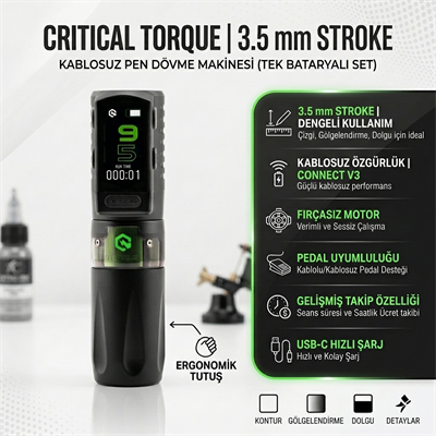 Critical Torque 3.5 mm Stroke Kablosuz Pen Dövme Makinesi – Tek Bataryalı