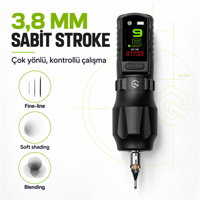 Critical Torque Lite 3.8mm Stroke 40mm Grip V3 Batarya Kablosuz Dövme Makinesi - Siyah