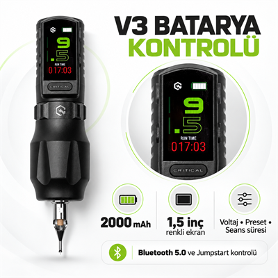 Critical Torque Lite 3.8mm Stroke 40mm Grip V3 Batarya Kablosuz Dövme Makinesi - Siyah