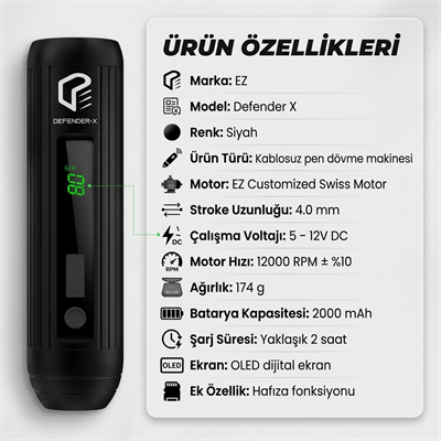 EZ Defender X Black 4.0mm Stroke Kablosuz Pen Dövme Makinesi