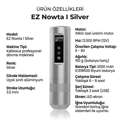 EZ Nowta I Silver 3.5mm Stroke Kablosuz Dövme Makinesi 2000mAh
