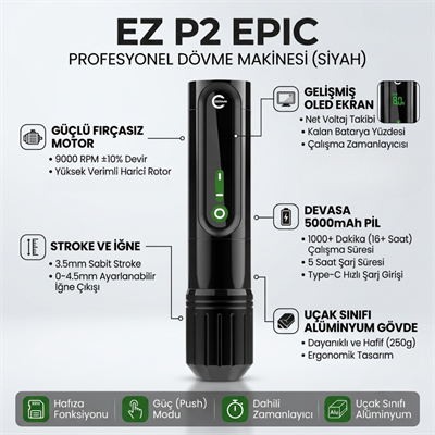 EZ P2 EPIC Siyah Direct Drive 3.5mm Stroke Kablosuz Dövme Makinesi