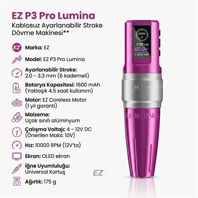 EZ P3 Pro Lumina Ayarlanabilir Stroke 2.0-3.3mm Kablosuz Dövme ve Kalıcı Makyaj Makinesi - Fuşya