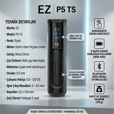 EZ P5 TS 3.5mm Stroke Dokunmatik Ekranlı Kablosuz Pen Dövme Makinesi Siyah