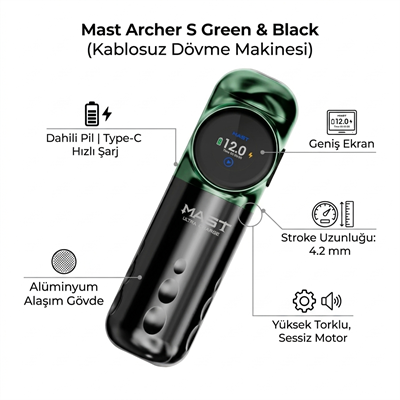 Mast Archer S Green & Black Kablosuz Dövme Makinesi 4.2 mm Stroke
