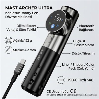 Mast Archer Ultra Bluetooth Kablosuz Dövme Makinesi 4.2 mm Stroke
