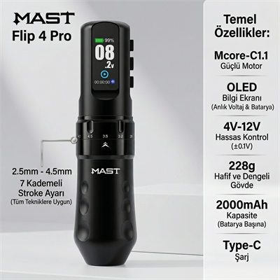 Mast Flip 4 Pro Kablosuz Dövme Makinesi Çift Batarya 2.5 mm - 4.5 mm Ayarlanabilir Stroke