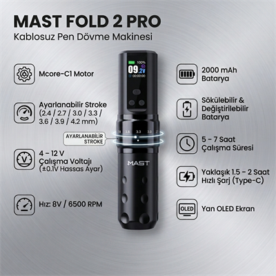 Mast Fold 2 Pro Kablosuz Dövme Makinesi Ayarlanabilir Stroke