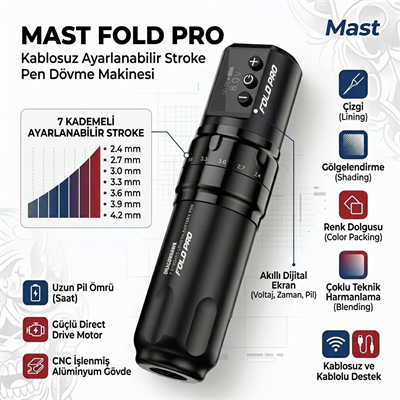 Mast Fold Pro Siyah Kablosuz Pen Dövme Makinesi 2.4 mm - 4.2 mm Ayarlanabilir Stroke