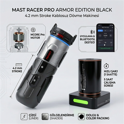 Mast Racer Pro Armor Edition Black Kablosuz Dövme Makinesi 4.2 mm Stroke