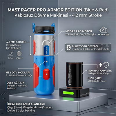 Mast Racer Pro Armor Edition Blue & Red Kablosuz Dövme Makinesi 4.2 mm Stroke
