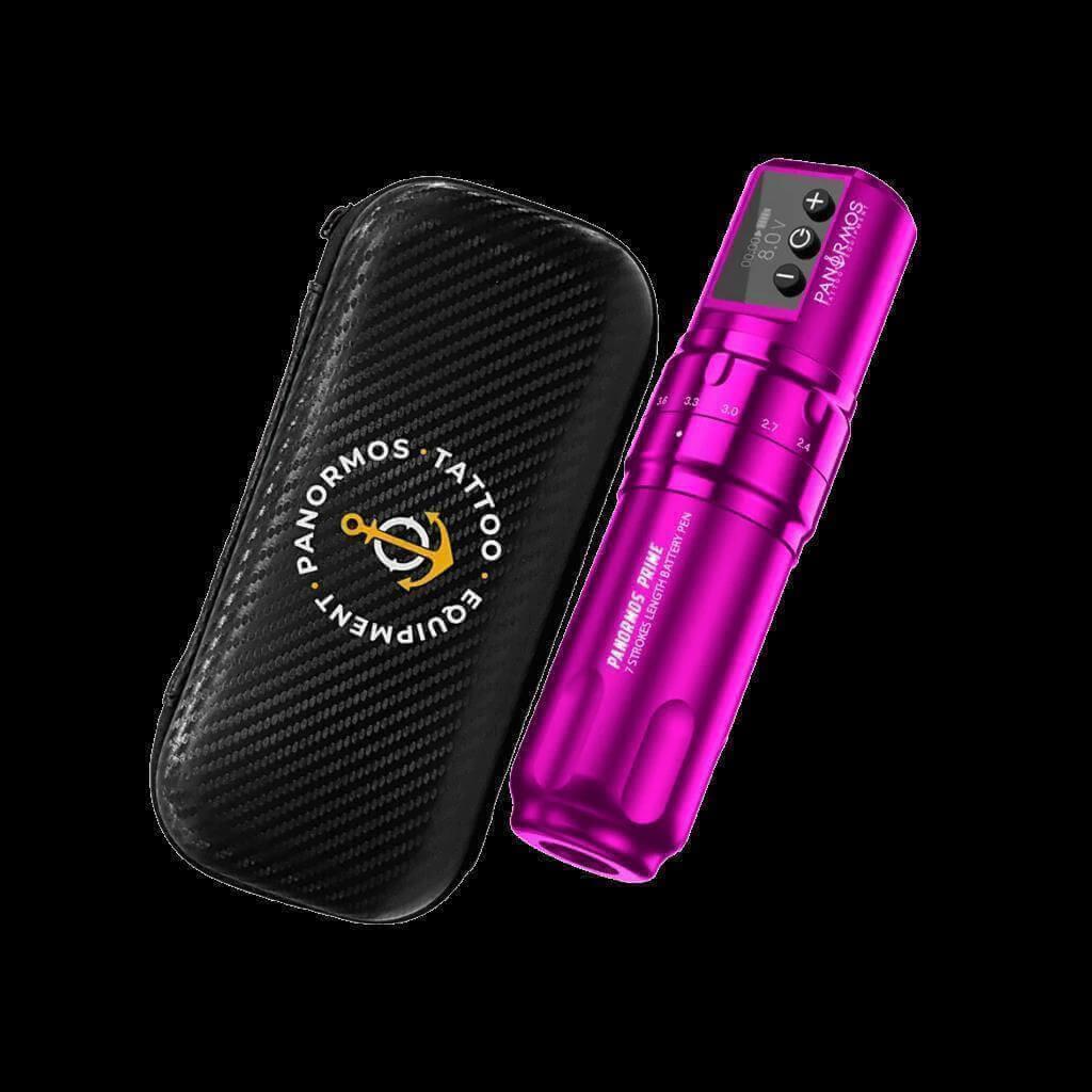 Panormos Prime 10. Yıl Özel Seri Kablosuz Dövme Makinesi – Pembe renk, 2 pil ve logo’lu çanta