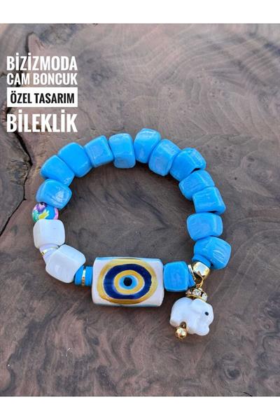 Cam Boncuk Seramik Nazar Seramik Göz Uçlu Özel Tasarım Şans Nazar Bileklik Çift Taraflı 2gözlü