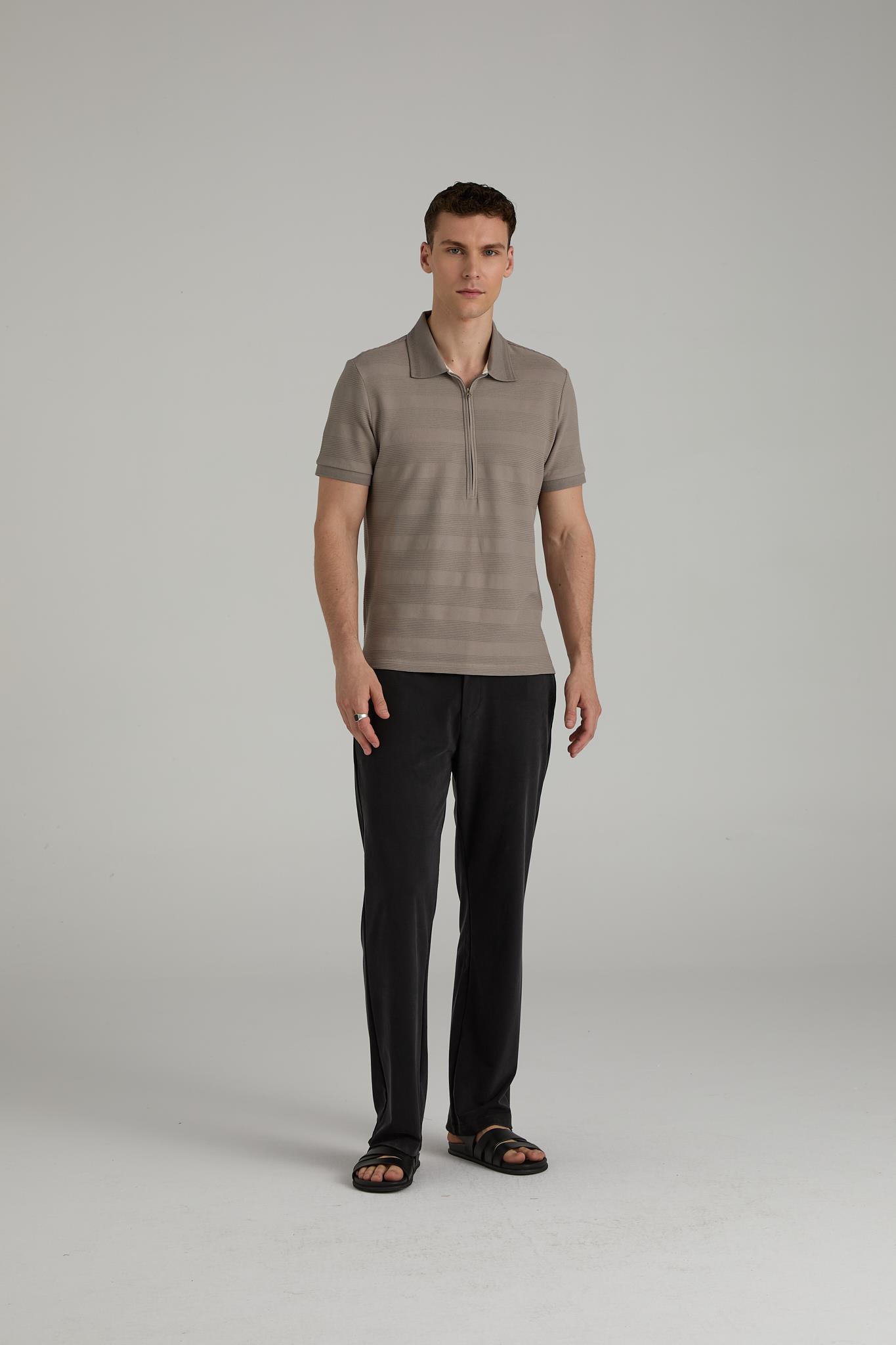 Fermuarlı Çizgili Polo T-shirt