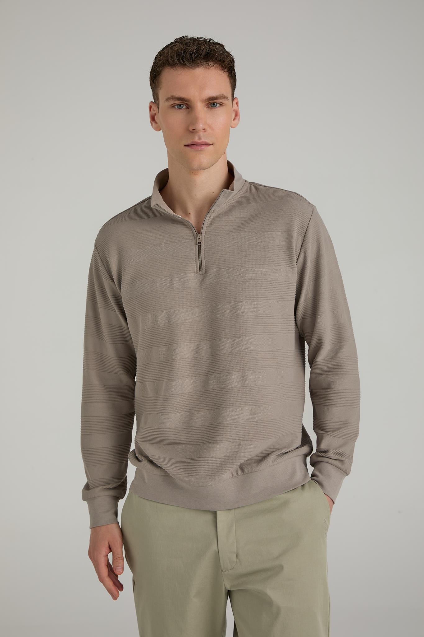 Fermuarlı Çizgili Dik Yakalı Sweatshirt