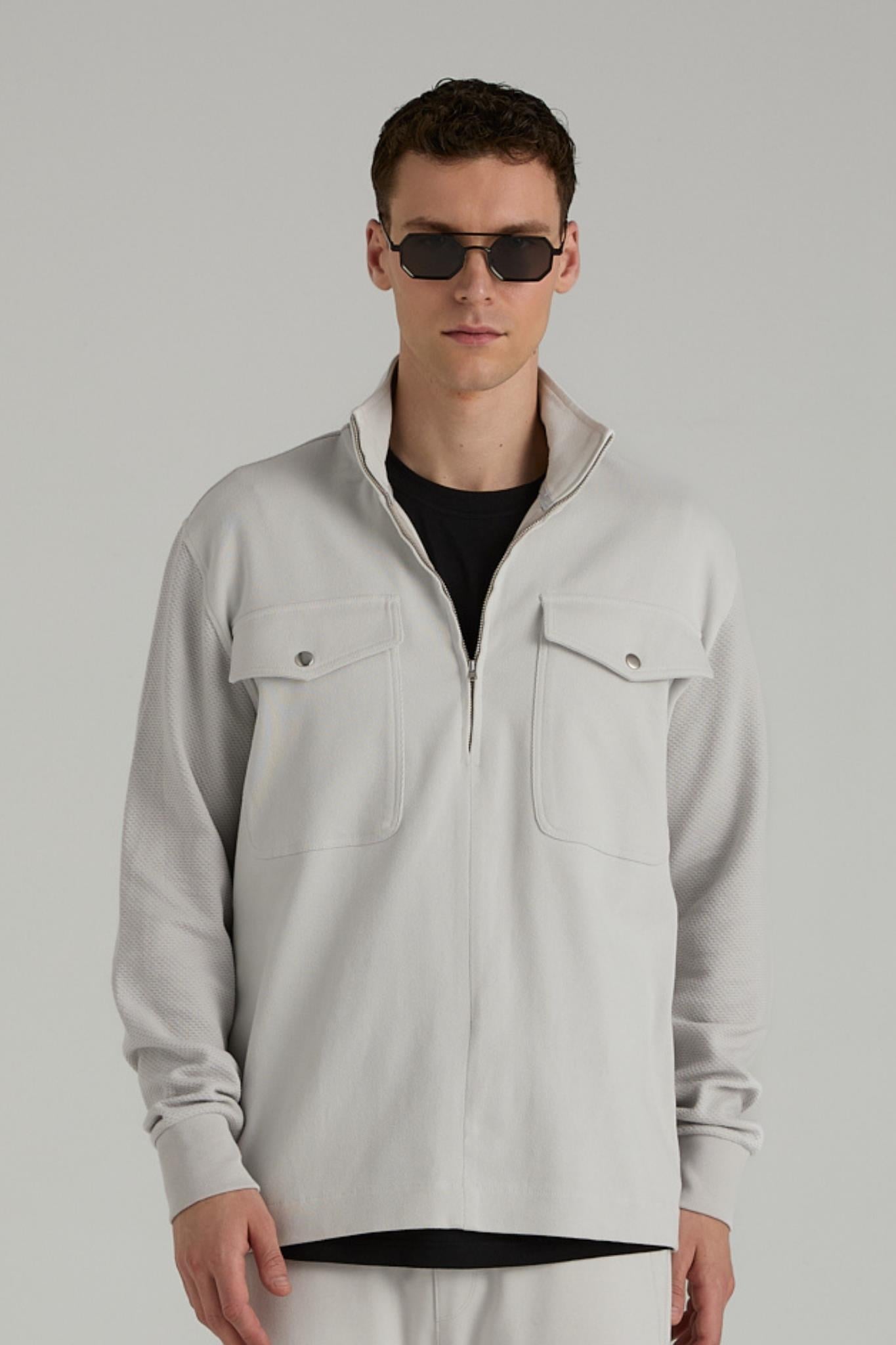 Jakarlı Yarım Fermuarlı Sweatshirt