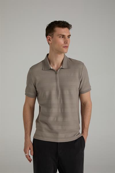 Fermuarlı Çizgili Polo T-shirt