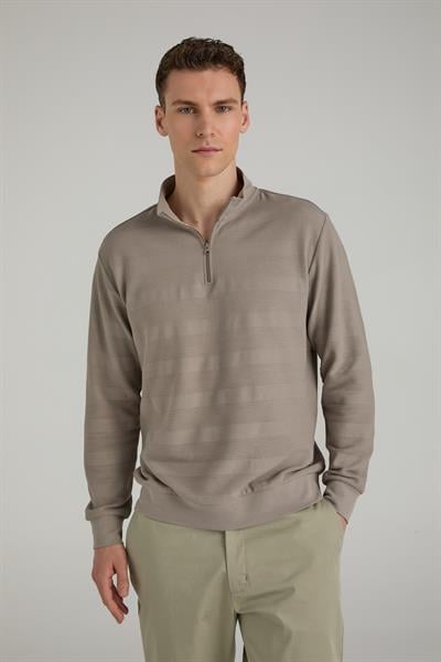 Fermuarlı Çizgili Dik Yakalı Sweatshirt