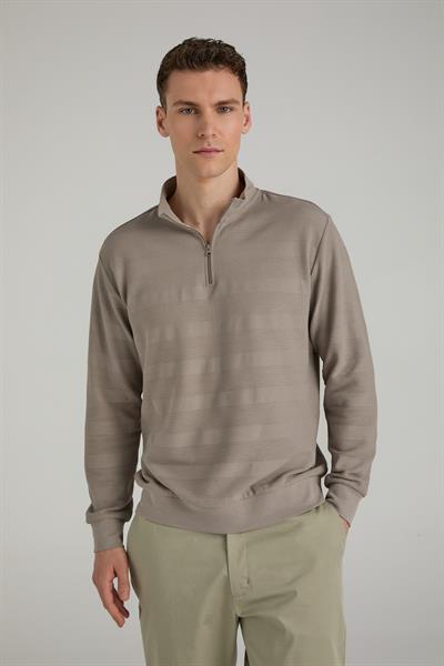 Fermuarlı Çizgili Dik Yakalı Sweatshirt