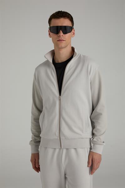 Jakarlı Dik Yaka Fermuarlı Sweatshirt