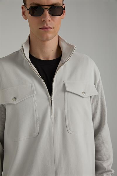 Jakarlı Yarım Fermuarlı Sweatshirt