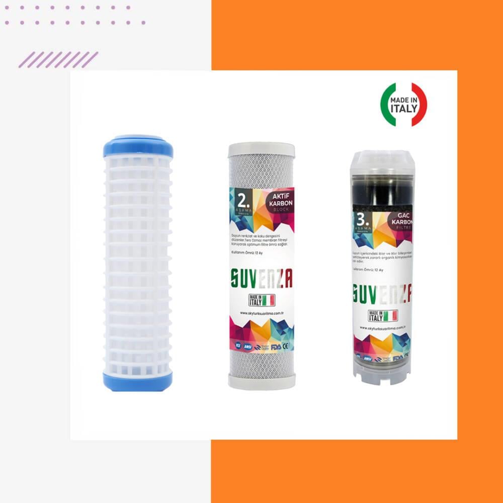 10'' 3 Aşama Daire Bina Sayaç Girişi Su Arıtma Cihazı Yıkanabilir -Gac Plus - Blok Karbon Yedek Filtre Seti