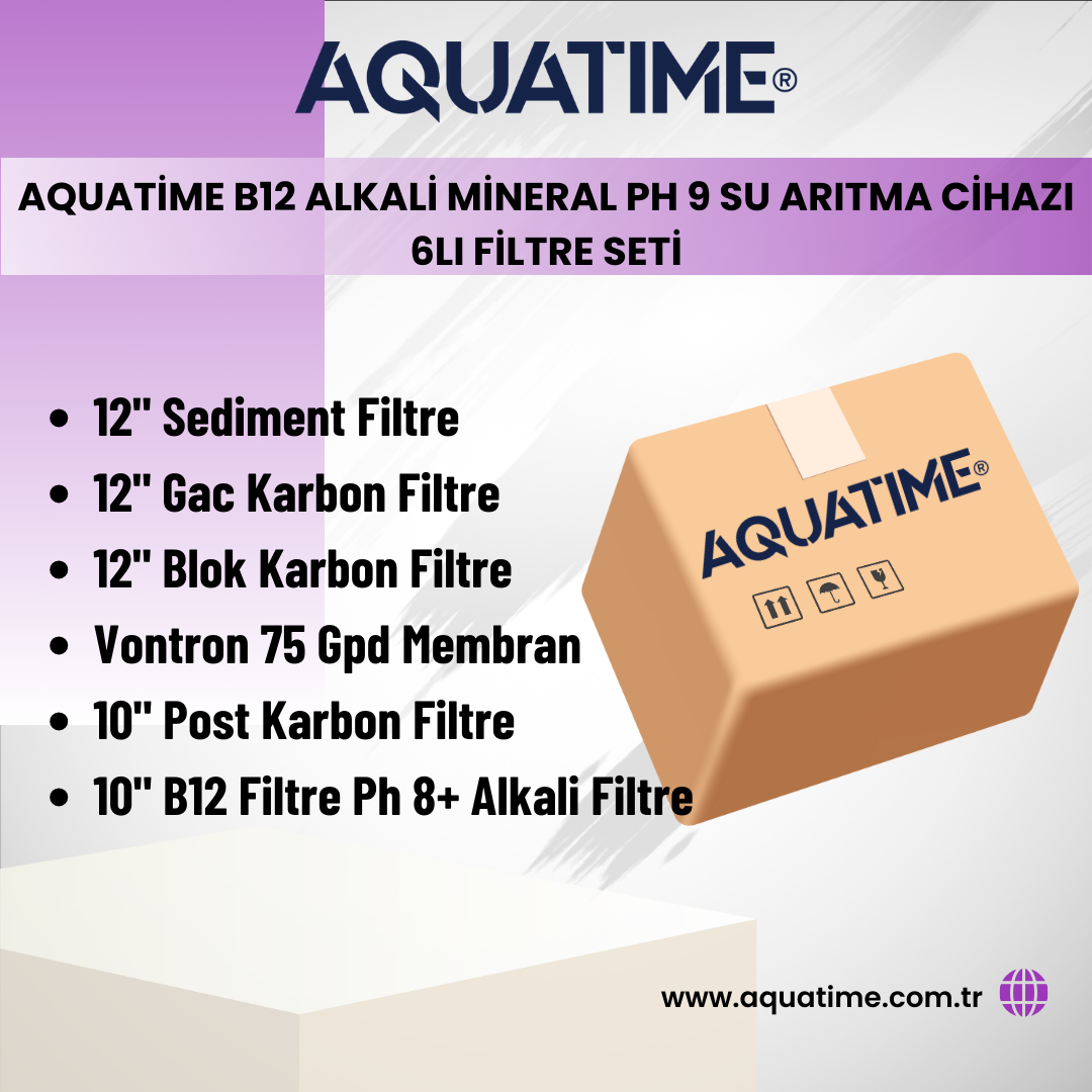 Aquatime B12 Alkali Mineral pH 9 Su Arıtma Cihazı 6lı Filtre Seti