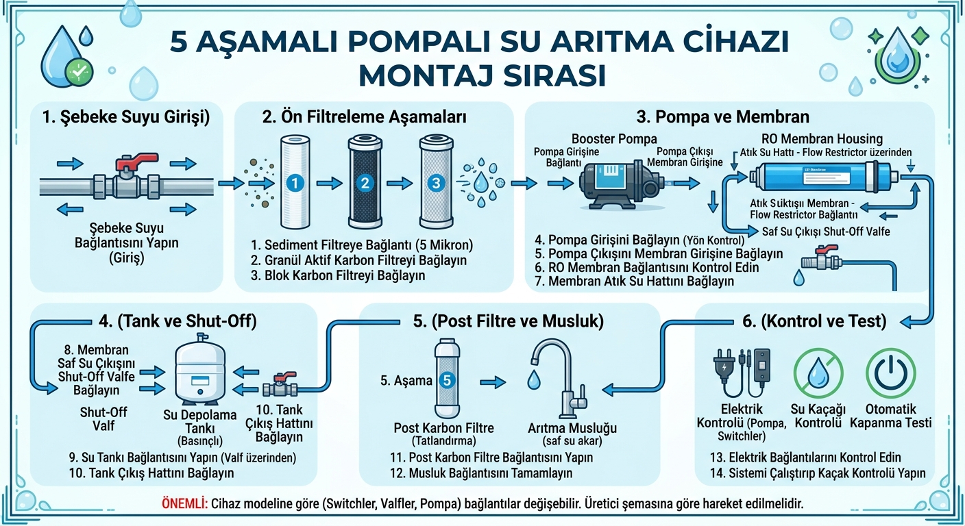 5 aşamalı su arıtma cihazı,beş aşamalı su arıtma cihazı,su arıtma cihazı bağlantı şeması,su arıtma cihazı montajı,pompalı su arıtma cihazı,motorlu su arıtma cihazı,su arıtma filtre sıralaması,shut off valf,solenoid valf,su arıtma cihazı kurulumu
