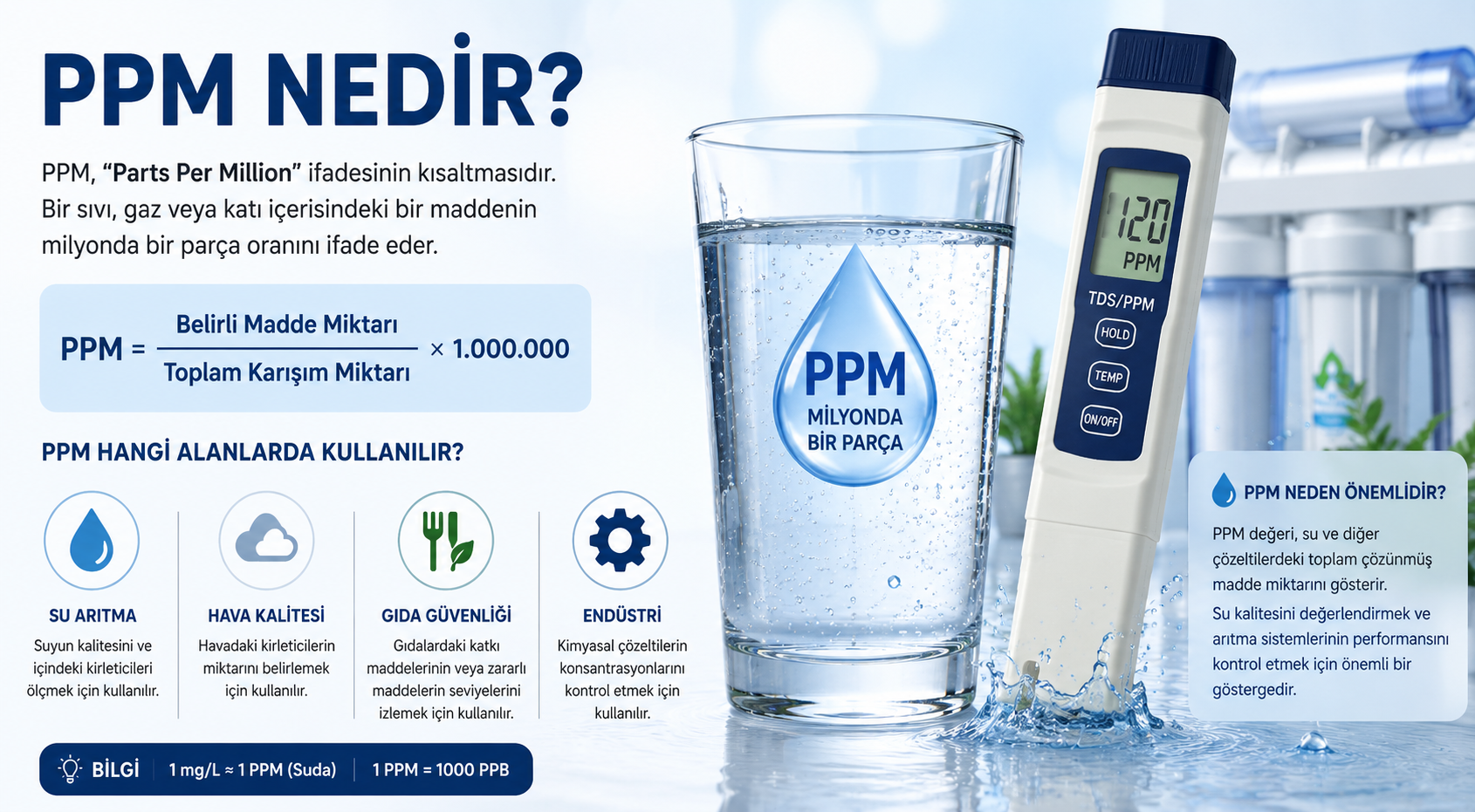 ppm nedir,ppm hesaplama,ppm formülü,ppm kaç mg/l,ppm kaç mg/ml,1 ppm kaç ppb,suda ppm nedir,arıtma suyu kaç ppm olmalı,tds ve ppm nedir,ppm ölçümü nasıl yapılır