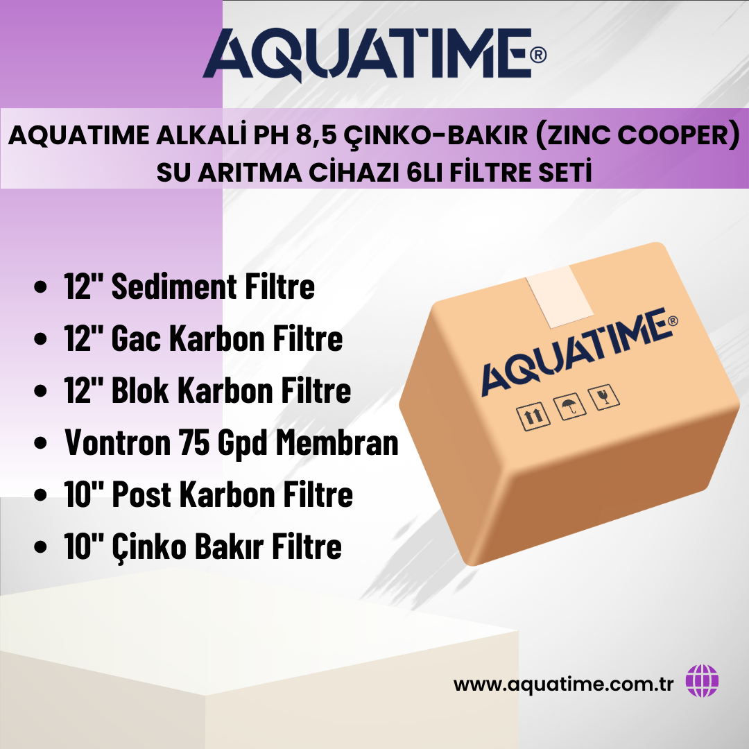 Aquatime Alkali ph 8,5 Çinko-Bakır (Zinc Cooper) Su Arıtma Cihazı 6lı Filtre Seti