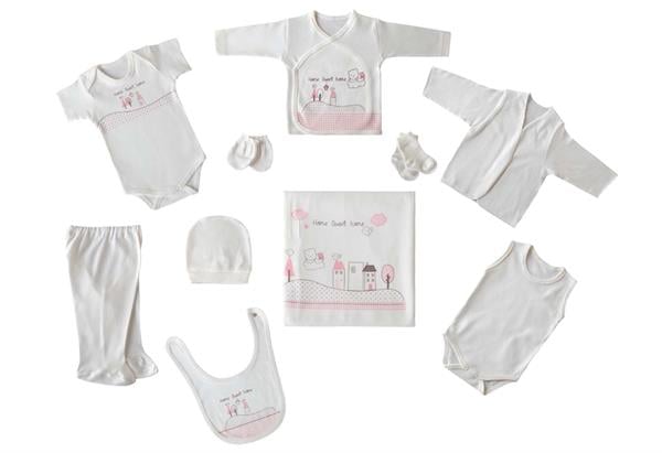 Menderes Home Cotton Collection Sweet Home Baskılı 10 Parça Zıbın Seti Sweet Home Pembe