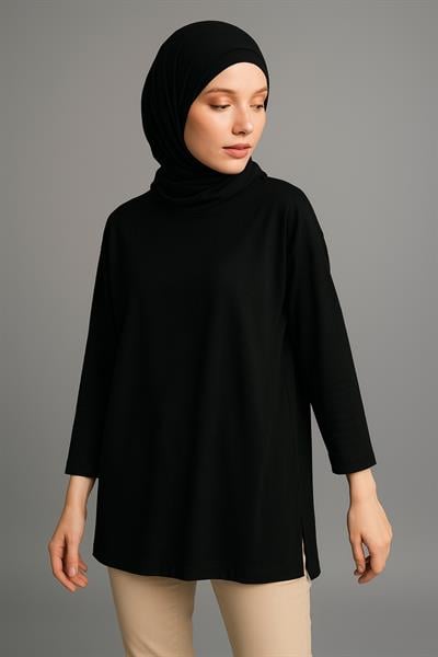Uzun Kollu Örme Tunik - Siyah