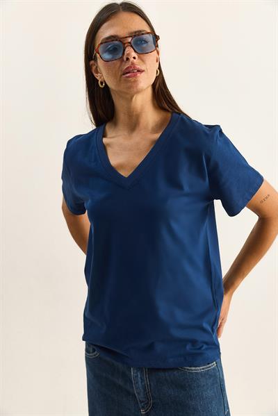 %100 Organik Pamuk Derin V Yakalı Comfort Fit T-Shirt 60602066 - Lacivert