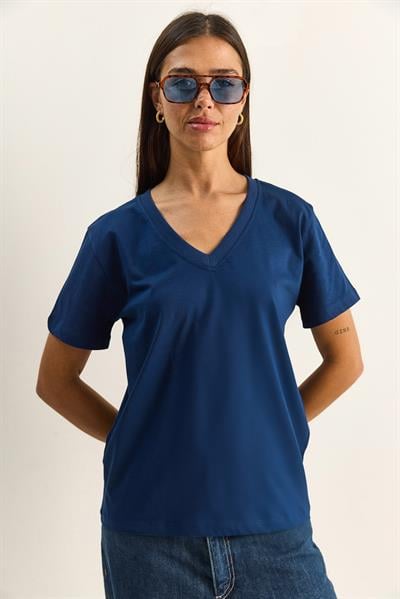 %100 Organik Pamuk Derin V Yakalı Comfort Fit T-Shirt 60602066 - Lacivert