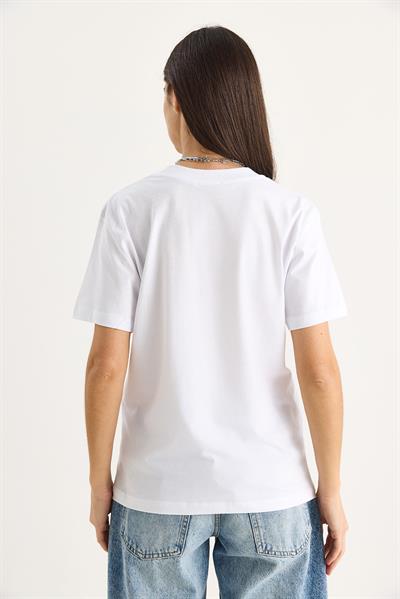 %100 Organik Pamuk Derin V Yakalı Comfort Fit T-Shirt 60602066 - Beyaz-Kırmızı
