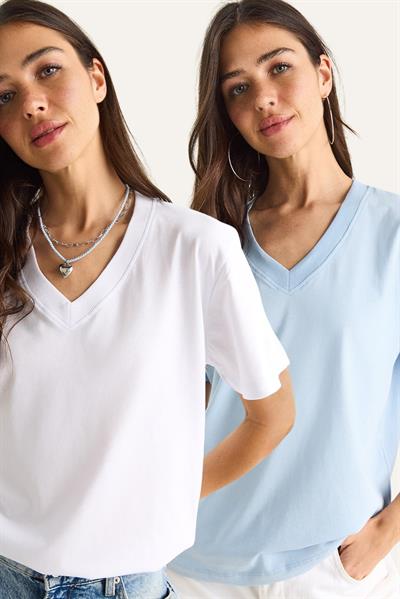 %100 Organik Pamuk Derin V Yakalı Comfort Fit T-Shirt 60602066 - Beyaz-Bebe Mavi
