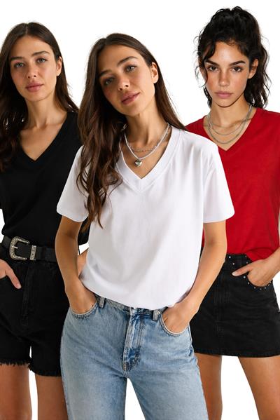 %100 Organik Pamuk Derin V Yakalı Comfort Fit T-Shirt 60602066 - Siyah-Beyaz-Kırmızı