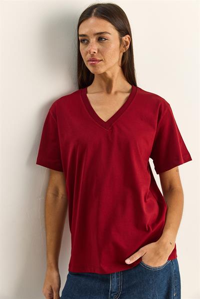 %100 Organik Pamuk Derin V Yakalı Comfort Fit T-Shirt 60602066 - Beyaz-Bordo