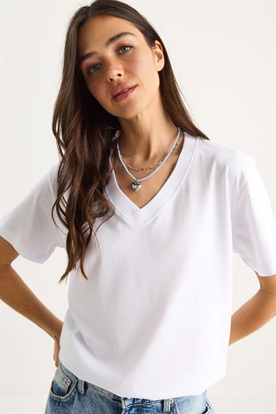 %100 Organik Pamuk Derin V Yakalı Comfort Fit T-Shirt 60602066 - Beyaz