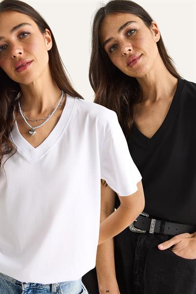 %100 Organik Pamuk Derin V Yakalı Comfort Fit T-Shirt 60602066 - Beyaz-Siyah T-SHİRT modelleri