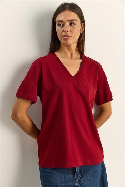 %100 Organik Pamuk Derin V Yakalı Comfort Fit T-Shirt 60602066 - Bordo